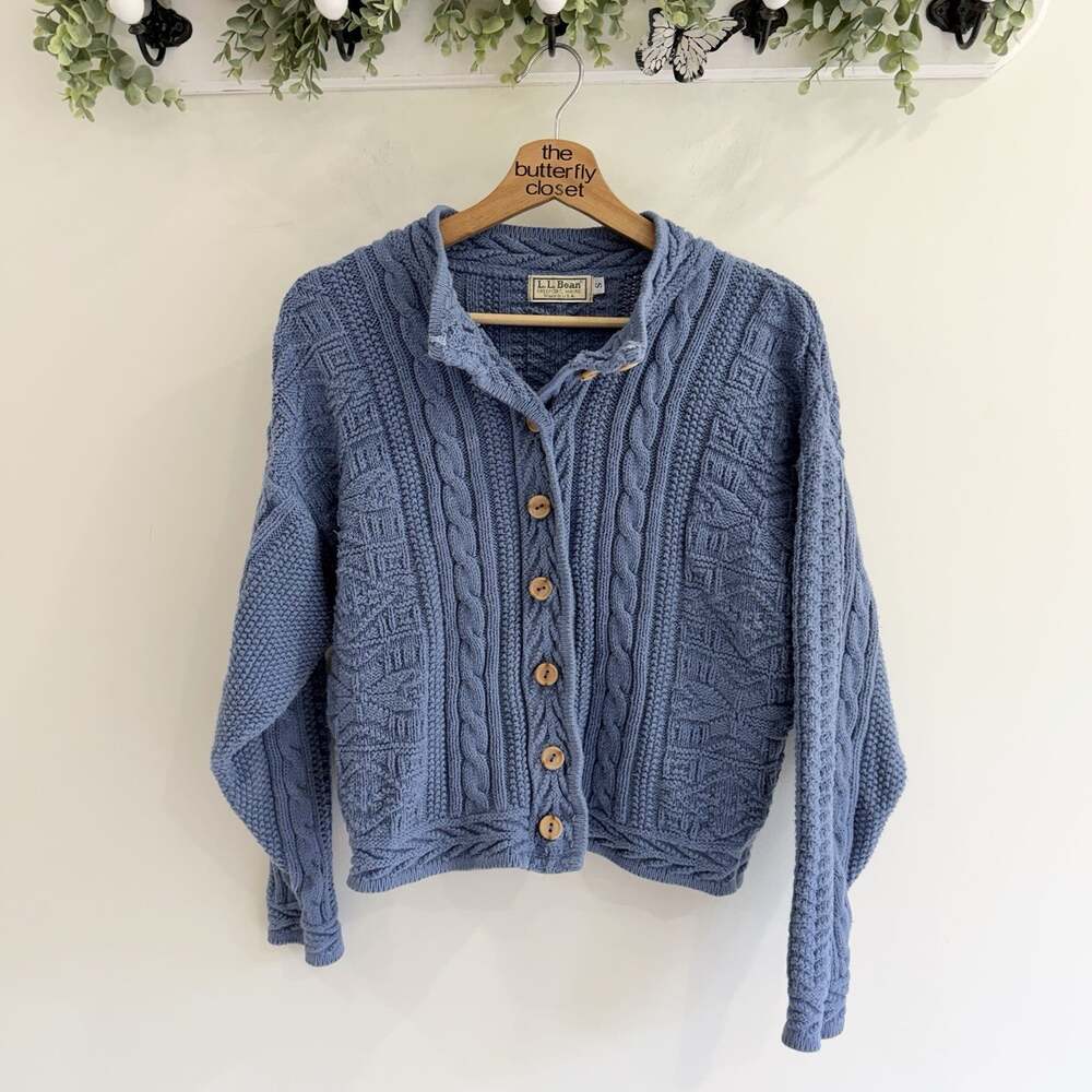 Vintage L.L. Bean Blue Cable Knit Button Down Cardigan Sweater Small U7076